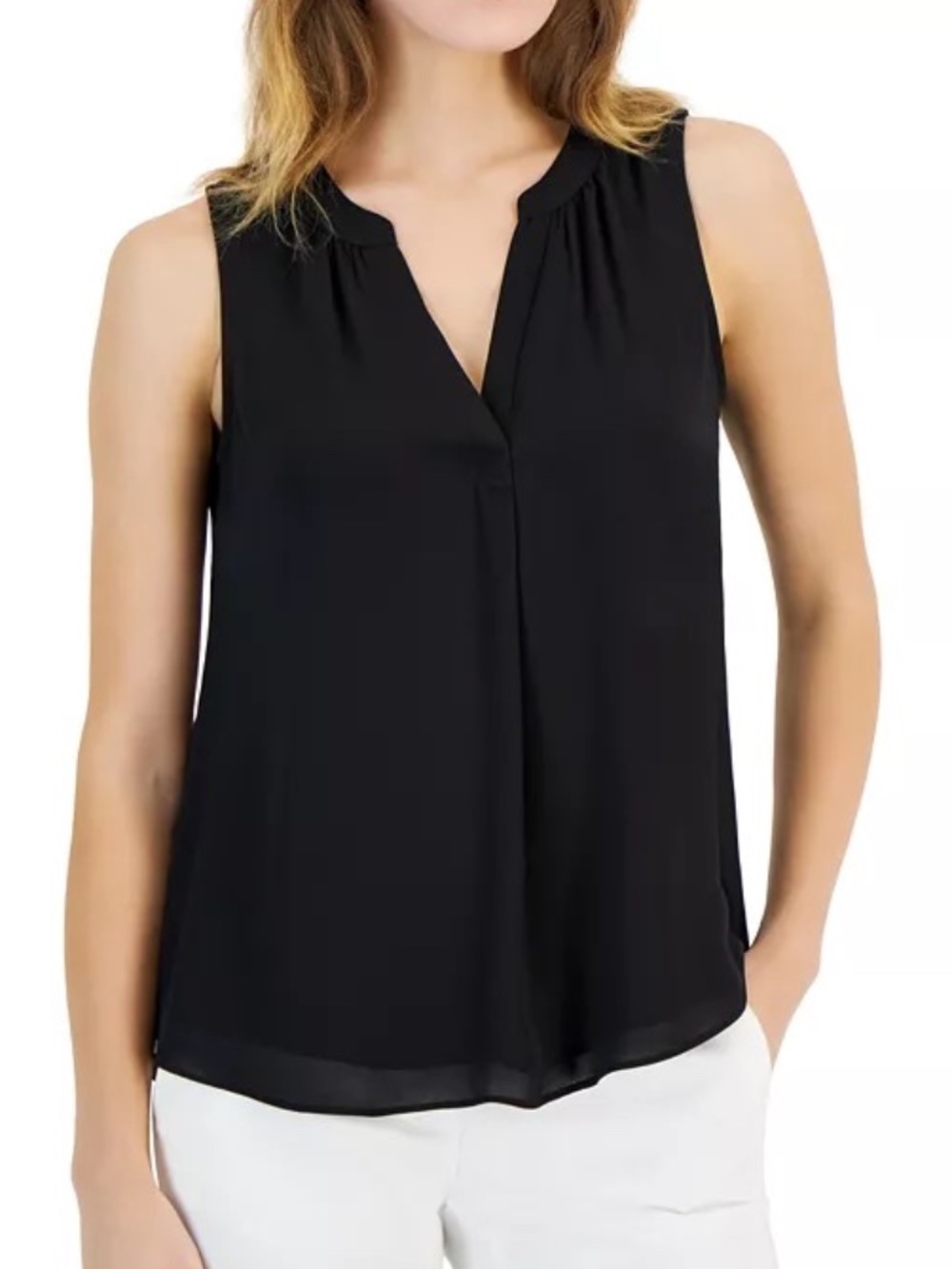 T Tahari Women's Split-Neck Sleeveless Top